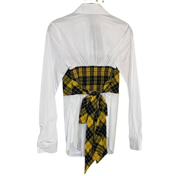 Petersyn Monroe Blouse Plaid Tartan Panel Tie Back Blouse White Yellow S - Picture 10 of 16